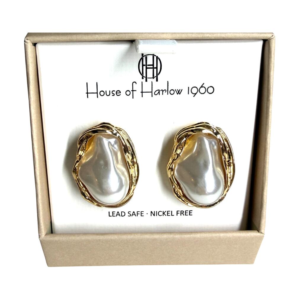 House of Harlow 1960 Gold Organic Faux Pearl Stud Earrings (NIB)